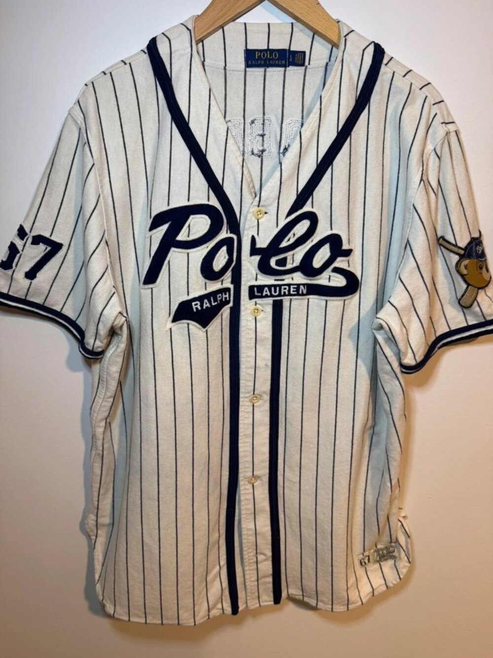 Polo Ralph Lauren Polo Bear Baseball 67 Jersey Men Large White Pinstripe Cotton